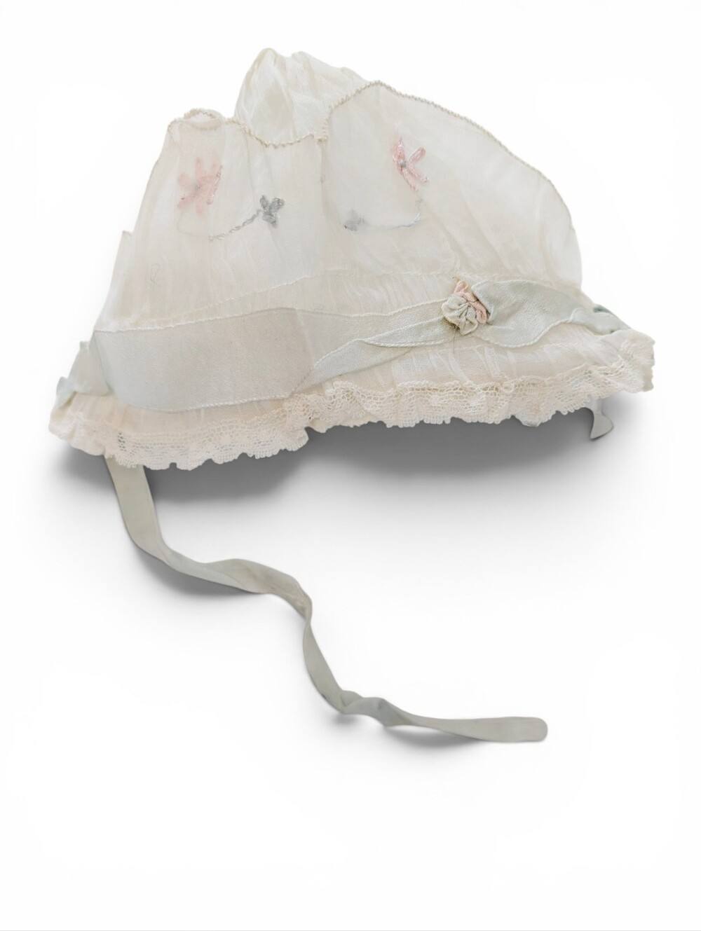 TRUE VINTAGE Lace Childrens Bonnet Authentic Silk Heirloom Hat Rare Cream Blue - Picture 4 of 12
